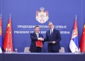 (240508) -- BELGRADE, May 8, 2024 (Xinhua) -- Chinese President Xi Jinping and Serbian President Aleksandar Vucic sign a joint statement on the building of a China-Serbia community with a shared future in the new era, after their talks in Belgrade, Serbia, on May 8, 2024. In the joint statement, the two countries decided to deepen and elevate the China-Serbia comprehensive strategic partnership. (Xinhua/Huang Jingwen)