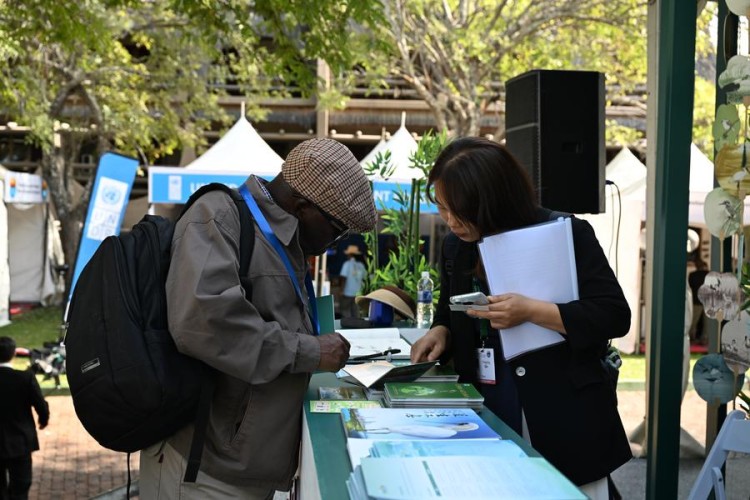 (250725) -- VICTORIA FALLS, July 25, 2025 (Xinhua) -- A participant inquires about China's wetland conservation efforts from a staff member outside the China Pavilion during the 15th Meeting of the Conference of the Contracting Parties to the Ramsar Convention on Wetlands (COP15) in Victoria Falls, Zimbabwe, on July 23, 2025. The 15th Meeting of the Conference of the Contracting Parties to the Ramsar Convention on Wetlands (COP15) opened on Thursday in Zimbabwe's resort city of Victoria Falls, with a call for international cooperation in the global wetland preservation. (Xinhua/Xu Zheng)
