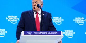 President Donald Trump addresses the audience during the Annual Meeting of the World Economic Forum in Davos, Switzerland, Wednesday, Jan. 21, 2026. (AP Photo/Evan Vucci)